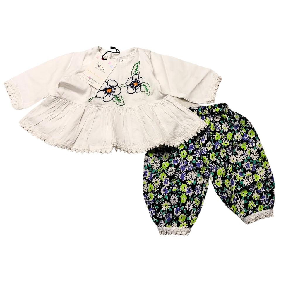 M&H Hand Embroidered Baby Girl Peplum Top & Printed Pant Set – 0-3 Months