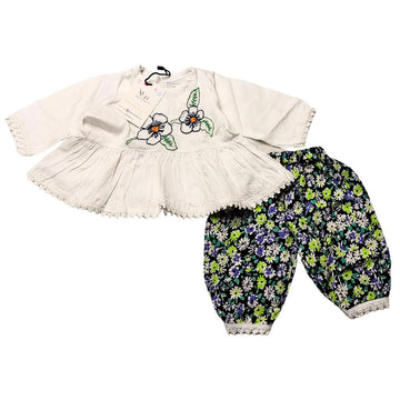 M&H Hand Embroidered Baby Girl Peplum Top & Printed Pant Set – 0-3 Months